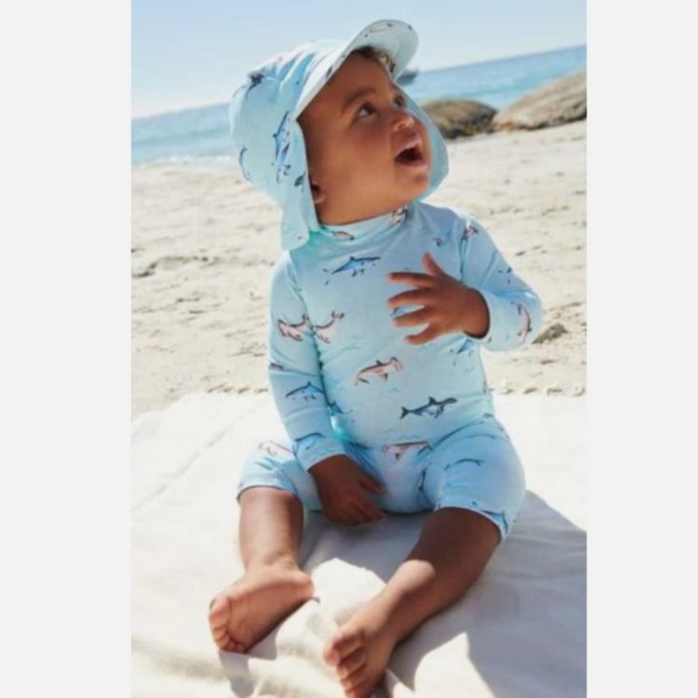 NEW Boys Sz 4 - 5 Years Blue Sea Life Theme UV Protection 1 Pc Outfit & Cap Set